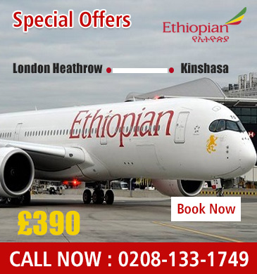 london Heathrow to Kinshasa with Ethiopian